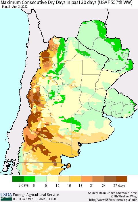 Southern South America Maximum Consecutive Dry Days in past 30 days (USAF 557th WW) 04/03/2022 Thematic Map For 3/28/2022 - 4/3/2022