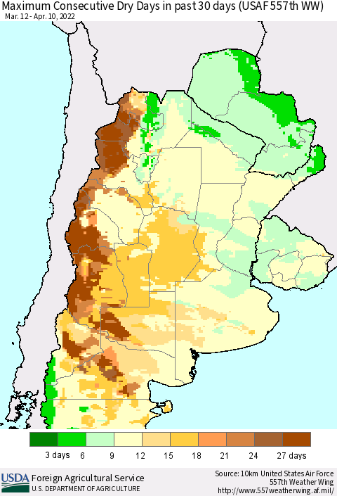 Southern South America Maximum Consecutive Dry Days in past 30 days (USAF 557th WW) 04/10/2022 Thematic Map For 4/4/2022 - 4/10/2022