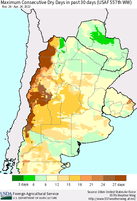 Southern South America Maximum Consecutive Dry Days in past 30 days (USAF 557th WW) 04/24/2022 Thematic Map For 4/18/2022 - 4/24/2022