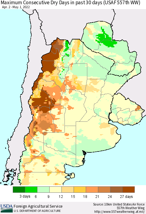 Southern South America Maximum Consecutive Dry Days in past 30 days (USAF 557th WW) 05/01/2022 Thematic Map For 4/25/2022 - 5/1/2022
