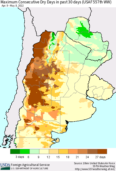 Southern South America Maximum Consecutive Dry Days in past 30 days (USAF 557th WW) 05/08/2022 Thematic Map For 5/2/2022 - 5/8/2022