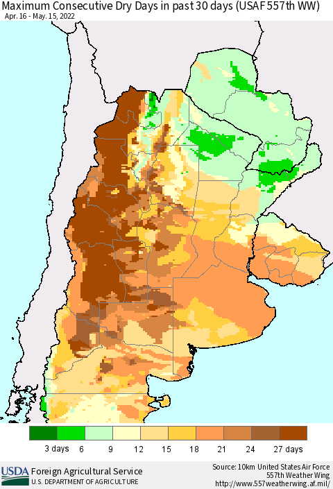 Southern South America Maximum Consecutive Dry Days in past 30 days (USAF 557th WW) 05/15/2022 Thematic Map For 5/9/2022 - 5/15/2022