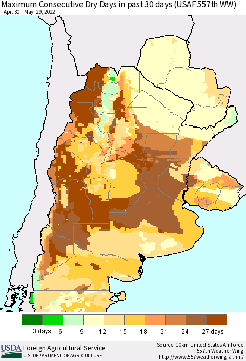 Southern South America Maximum Consecutive Dry Days in past 30 days (USAF 557th WW) 05/29/2022 Thematic Map For 5/23/2022 - 5/29/2022