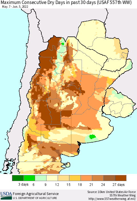 Southern South America Maximum Consecutive Dry Days in past 30 days (USAF 557th WW) 06/05/2022 Thematic Map For 5/30/2022 - 6/5/2022