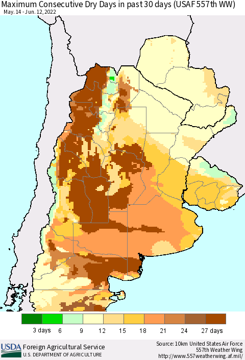 Southern South America Maximum Consecutive Dry Days in past 30 days (USAF 557th WW) 06/12/2022 Thematic Map For 6/6/2022 - 6/12/2022