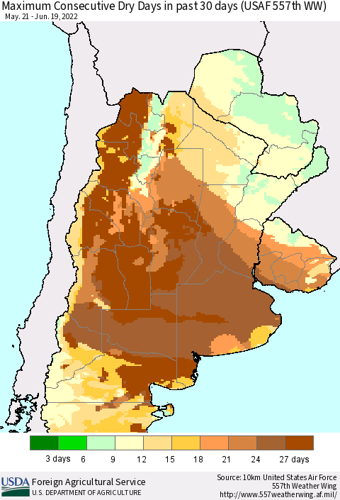Southern South America Maximum Consecutive Dry Days in past 30 days (USAF 557th WW) 06/19/2022 Thematic Map For 6/13/2022 - 6/19/2022
