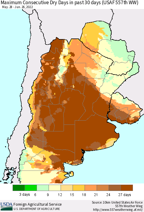 Southern South America Maximum Consecutive Dry Days in past 30 days (USAF 557th WW) 06/26/2022 Thematic Map For 6/20/2022 - 6/26/2022