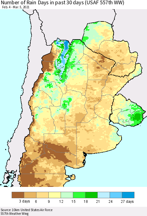 Southern South America Number of Rain Days in past 30 days (USAF 557th WW) 03/05/2021 Thematic Map For 3/1/2021 - 3/5/2021