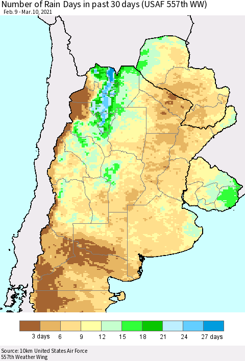 Southern South America Number of Rain Days in past 30 days (USAF 557th WW) 03/10/2021 Thematic Map For 3/6/2021 - 3/10/2021