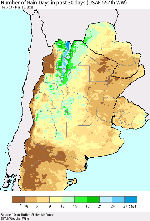 Southern South America Number of Rain Days in past 30 days (USAF 557th WW) 03/15/2021 Thematic Map For 3/11/2021 - 3/15/2021