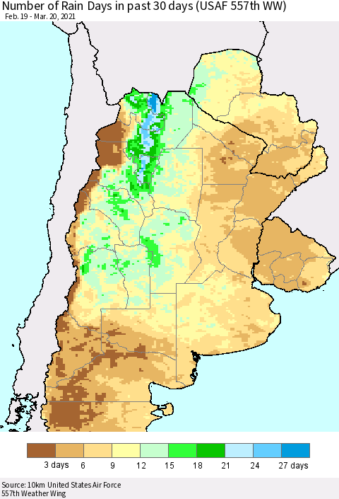 Southern South America Number of Rain Days in past 30 days (USAF 557th WW) 03/20/2021 Thematic Map For 3/16/2021 - 3/20/2021