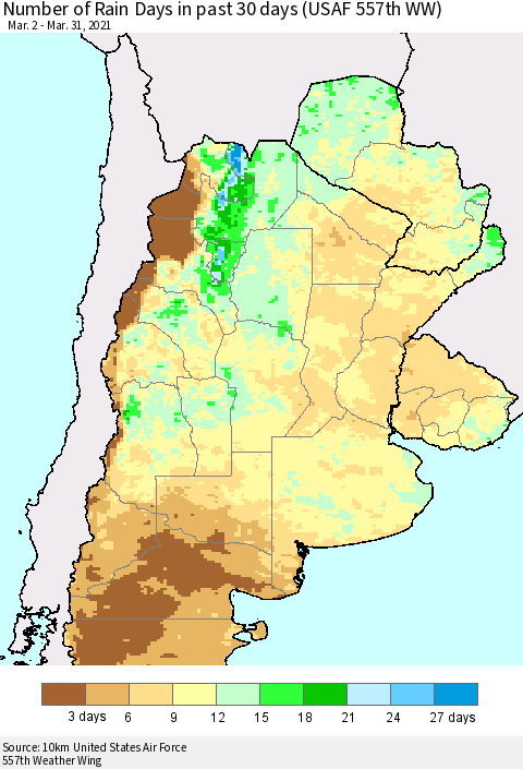 Southern South America Number of Rain Days in past 30 days (USAF 557th WW) 03/31/2021 Thematic Map For 3/26/2021 - 3/31/2021