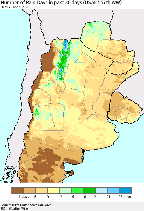 Southern South America Number of Rain Days in past 30 days (USAF 557th WW) 04/05/2021 Thematic Map For 4/1/2021 - 4/5/2021