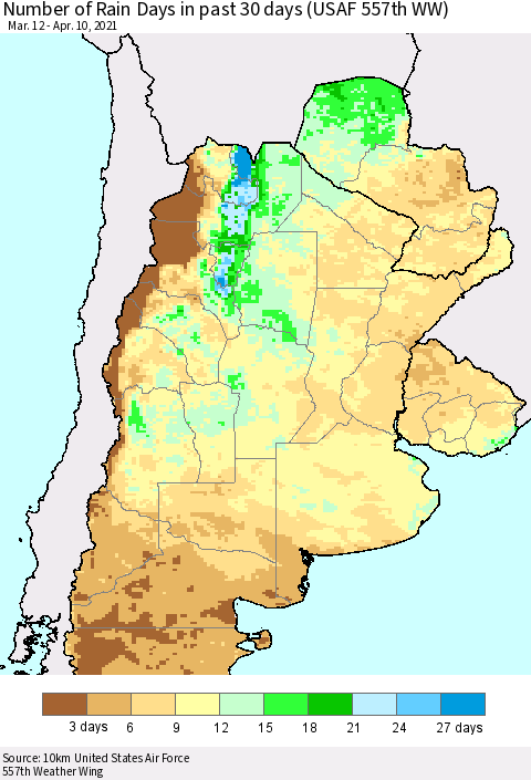 Southern South America Number of Rain Days in past 30 days (USAF 557th WW) 04/10/2021 Thematic Map For 4/6/2021 - 4/10/2021