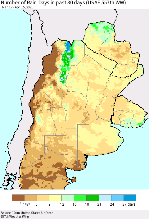 Southern South America Number of Rain Days in past 30 days (USAF 557th WW) 04/15/2021 Thematic Map For 4/11/2021 - 4/15/2021