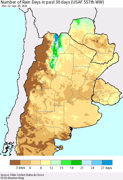 Southern South America Number of Rain Days in past 30 days (USAF 557th WW) 04/20/2021 Thematic Map For 4/16/2021 - 4/20/2021