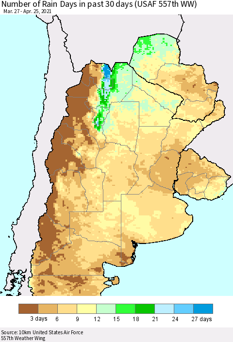 Southern South America Number of Rain Days in past 30 days (USAF 557th WW) 04/25/2021 Thematic Map For 4/21/2021 - 4/25/2021