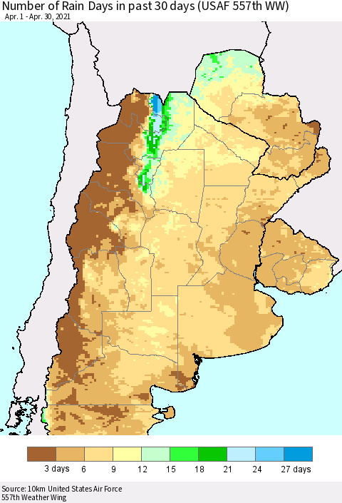 Southern South America Number of Rain Days in past 30 days (USAF 557th WW) 04/30/2021 Thematic Map For 4/26/2021 - 4/30/2021