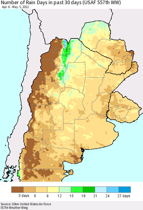 Southern South America Number of Rain Days in past 30 days (USAF 557th WW) 05/05/2021 Thematic Map For 5/1/2021 - 5/5/2021