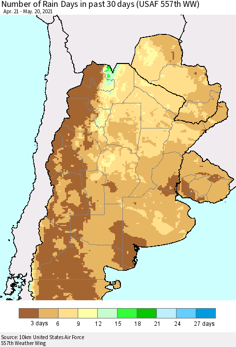 Southern South America Number of Rain Days in past 30 days (USAF 557th WW) 05/20/2021 Thematic Map For 5/16/2021 - 5/20/2021
