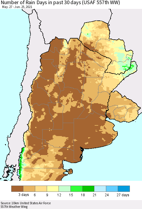 Southern South America Number of Rain Days in past 30 days (USAF 557th WW) 06/25/2021 Thematic Map For 6/21/2021 - 6/25/2021