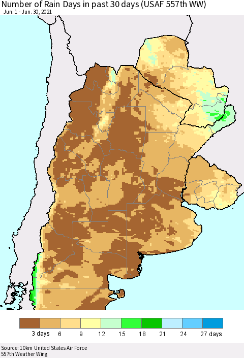 Southern South America Number of Rain Days in past 30 days (USAF 557th WW) 06/30/2021 Thematic Map For 6/26/2021 - 6/30/2021