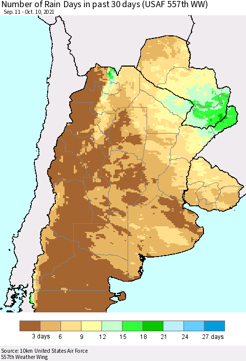 Southern South America Number of Rain Days in past 30 days (USAF 557th WW) 10/10/2021 Thematic Map For 10/6/2021 - 10/10/2021