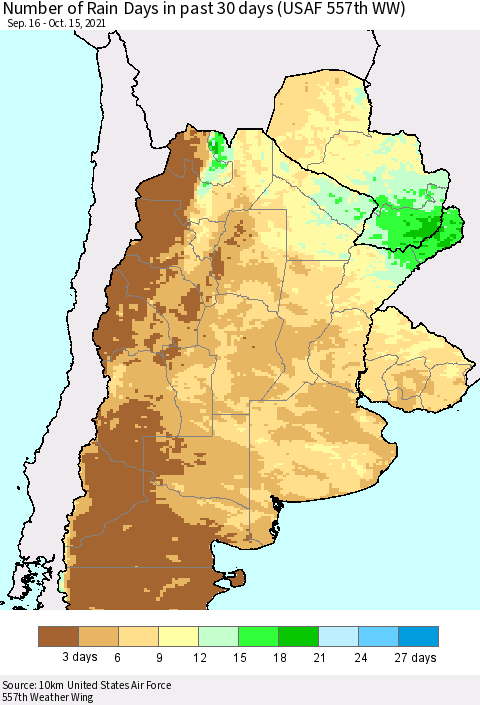Southern South America Number of Rain Days in past 30 days (USAF 557th WW) 10/15/2021 Thematic Map For 10/11/2021 - 10/15/2021