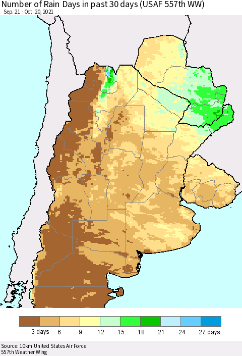 Southern South America Number of Rain Days in past 30 days (USAF 557th WW) 10/20/2021 Thematic Map For 10/16/2021 - 10/20/2021