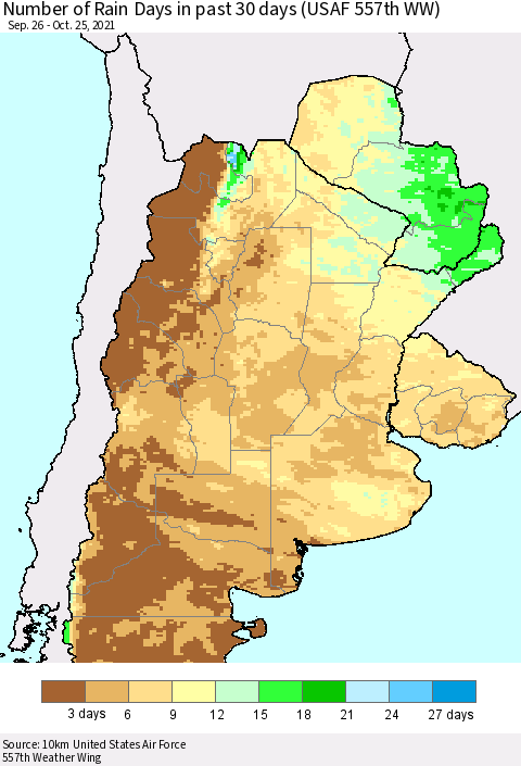 Southern South America Number of Rain Days in past 30 days (USAF 557th WW) 10/25/2021 Thematic Map For 10/21/2021 - 10/25/2021