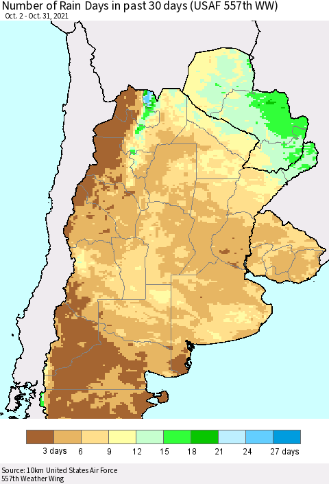 Southern South America Number of Rain Days in past 30 days (USAF 557th WW) 10/31/2021 Thematic Map For 10/26/2021 - 10/31/2021