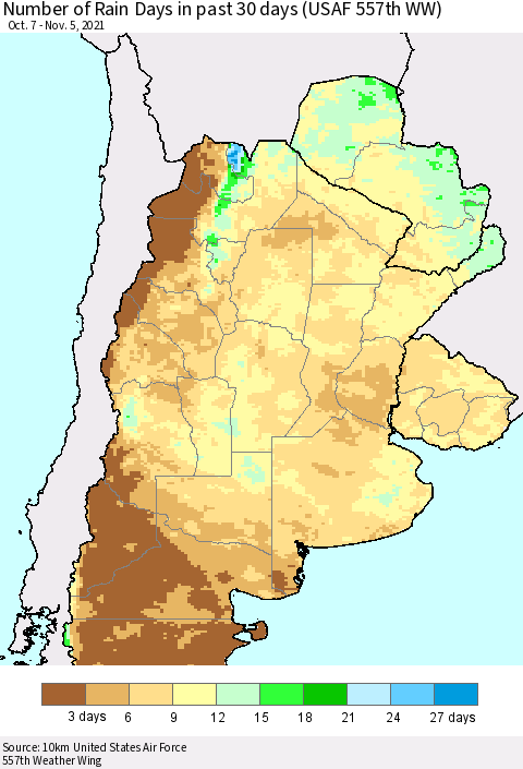 Southern South America Number of Rain Days in past 30 days (USAF 557th WW) 11/05/2021 Thematic Map For 11/1/2021 - 11/5/2021