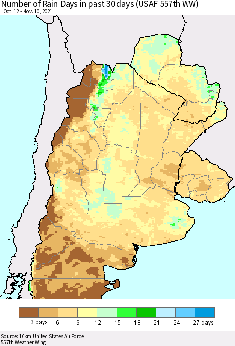 Southern South America Number of Rain Days in past 30 days (USAF 557th WW) 11/10/2021 Thematic Map For 11/6/2021 - 11/10/2021