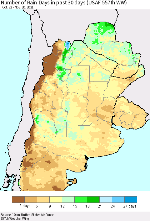 Southern South America Number of Rain Days in past 30 days (USAF 557th WW) 11/20/2021 Thematic Map For 11/16/2021 - 11/20/2021