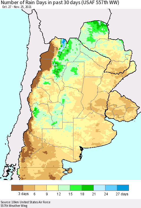 Southern South America Number of Rain Days in past 30 days (USAF 557th WW) 11/25/2021 Thematic Map For 11/21/2021 - 11/25/2021