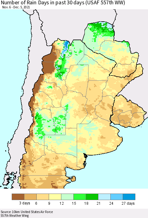 Southern South America Number of Rain Days in past 30 days (USAF 557th WW) 12/05/2021 Thematic Map For 12/1/2021 - 12/5/2021
