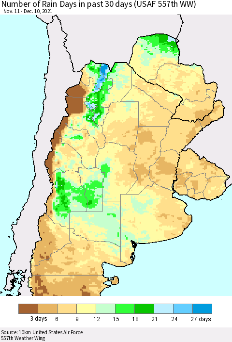 Southern South America Number of Rain Days in past 30 days (USAF 557th WW) 12/10/2021 Thematic Map For 12/6/2021 - 12/10/2021