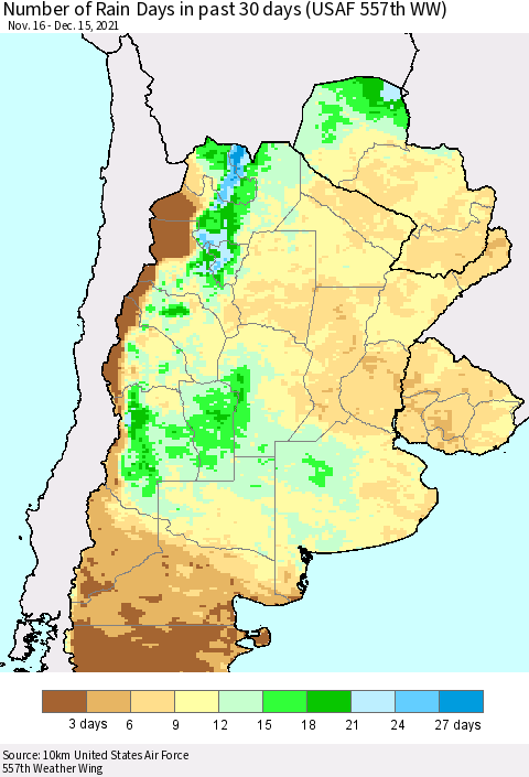 Southern South America Number of Rain Days in past 30 days (USAF 557th WW) 12/15/2021 Thematic Map For 12/11/2021 - 12/15/2021