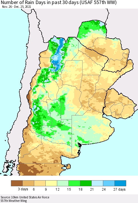 Southern South America Number of Rain Days in past 30 days (USAF 557th WW) 12/25/2021 Thematic Map For 12/21/2021 - 12/25/2021