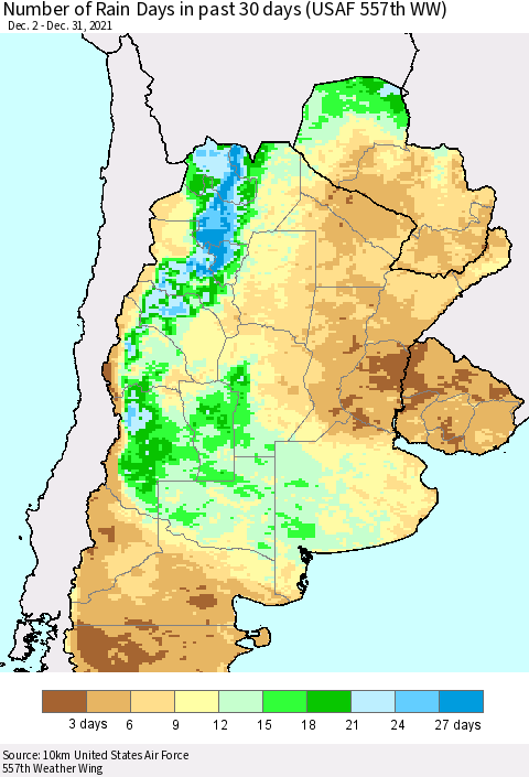 Southern South America Number of Rain Days in past 30 days (USAF 557th WW) 12/31/2021 Thematic Map For 12/26/2021 - 12/31/2021