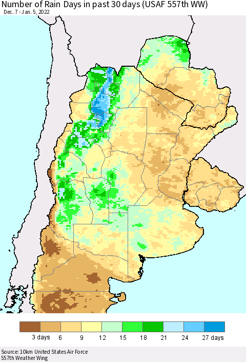 Southern South America Number of Rain Days in past 30 days (USAF 557th WW) 01/05/2022 Thematic Map For 1/1/2022 - 1/5/2022