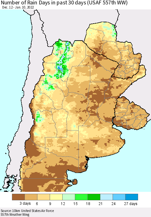 Southern South America Number of Rain Days in past 30 days (USAF 557th WW) 01/10/2022 Thematic Map For 1/6/2022 - 1/10/2022
