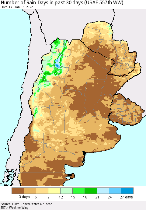 Southern South America Number of Rain Days in past 30 days (USAF 557th WW) 01/15/2022 Thematic Map For 1/11/2022 - 1/15/2022