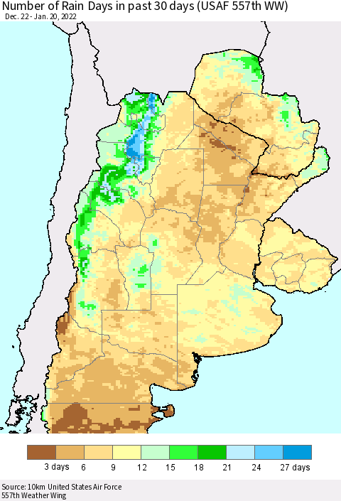 Southern South America Number of Rain Days in past 30 days (USAF 557th WW) 01/20/2022 Thematic Map For 1/16/2022 - 1/20/2022