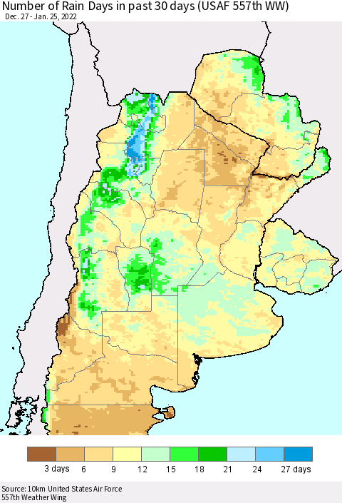 Southern South America Number of Rain Days in past 30 days (USAF 557th WW) 01/25/2022 Thematic Map For 1/21/2022 - 1/25/2022