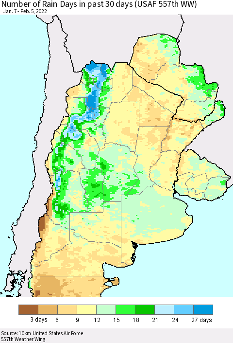 Southern South America Number of Rain Days in past 30 days (USAF 557th WW) 02/05/2022 Thematic Map For 2/1/2022 - 2/5/2022