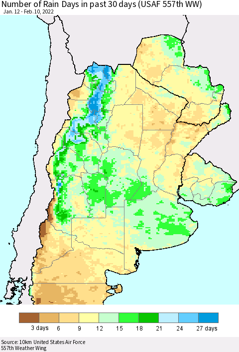 Southern South America Number of Rain Days in past 30 days (USAF 557th WW) 02/10/2022 Thematic Map For 2/6/2022 - 2/10/2022