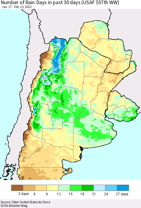 Southern South America Number of Rain Days in past 30 days (USAF 557th WW) 02/15/2022 Thematic Map For 2/11/2022 - 2/15/2022