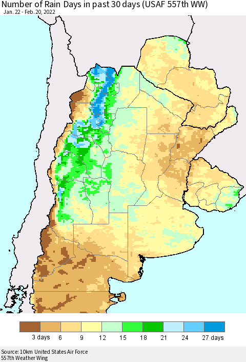 Southern South America Number of Rain Days in past 30 days (USAF 557th WW) 02/20/2022 Thematic Map For 2/16/2022 - 2/20/2022