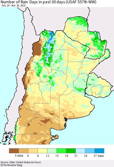 Southern South America Number of Rain Days in past 30 days (USAF 557th WW) 03/20/2022 Thematic Map For 3/16/2022 - 3/20/2022